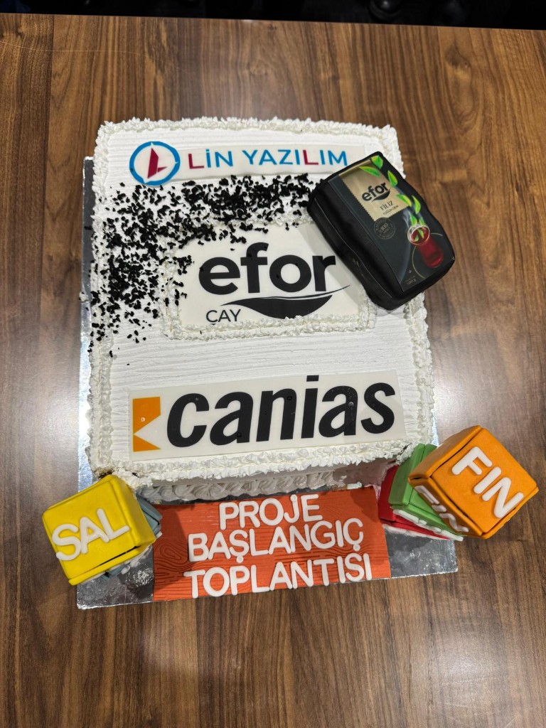 Lin Yazılım, Efor Çay ve CaniasERP logolu proje başlangıç pastası